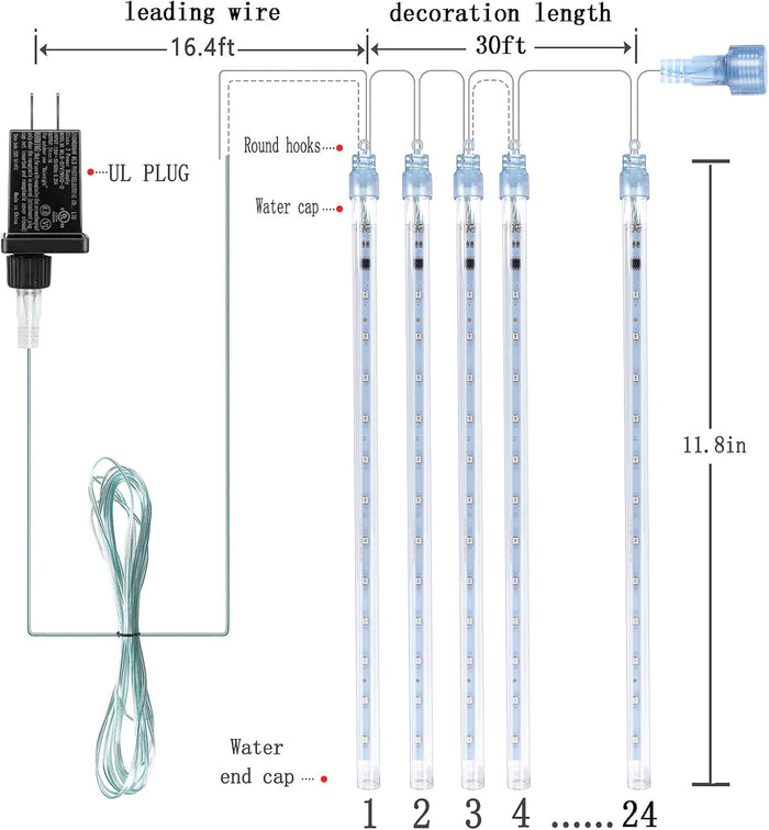 Christmas Lights Outdoor, 24 Tubes(Equivalent to 3 Sets of 8-Tubes) Meteor Shower Light Snow Falling Icicle Lights for Xmas Tree Halloween Decoration Wedding Party Window, UL Plug, White