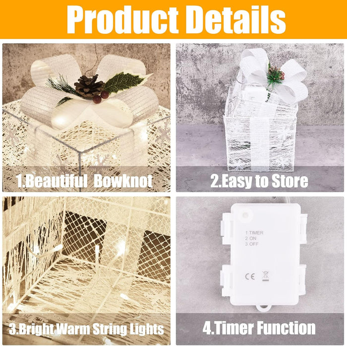 Lighted Gift Boxes, Set of 3 Christmas Decorations, Light up Ornaments, Warm White LED with Bows for Indoor Party Holiday, Snow Decor