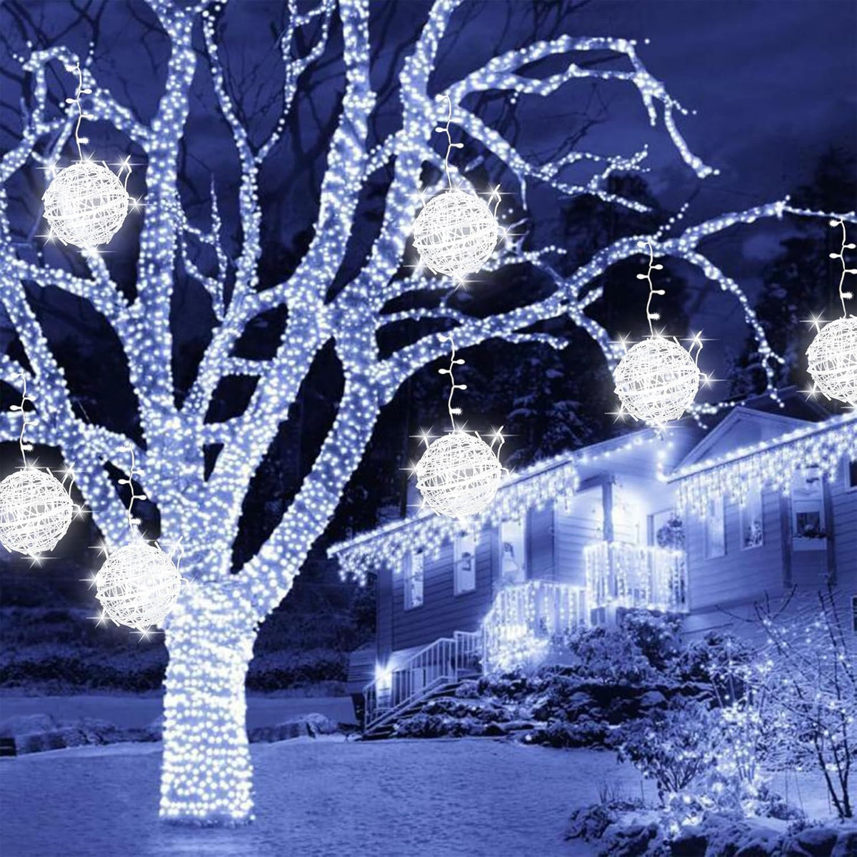 Outdoor Christmas Balls Lights 4 Pack 7.87" Hanging Tree Garden Sphere Lights Waterproof Glow Globe Lights with Memory Function Plug for Party Wedding Yard Garden Porch Patio Decoration-Cool White