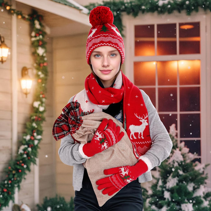 Knitted Hat Scarf Glove Set for Women, Pom Pom Beanie Warm Gloves Winter Scarf Winter Set for Christmas Cold Weather