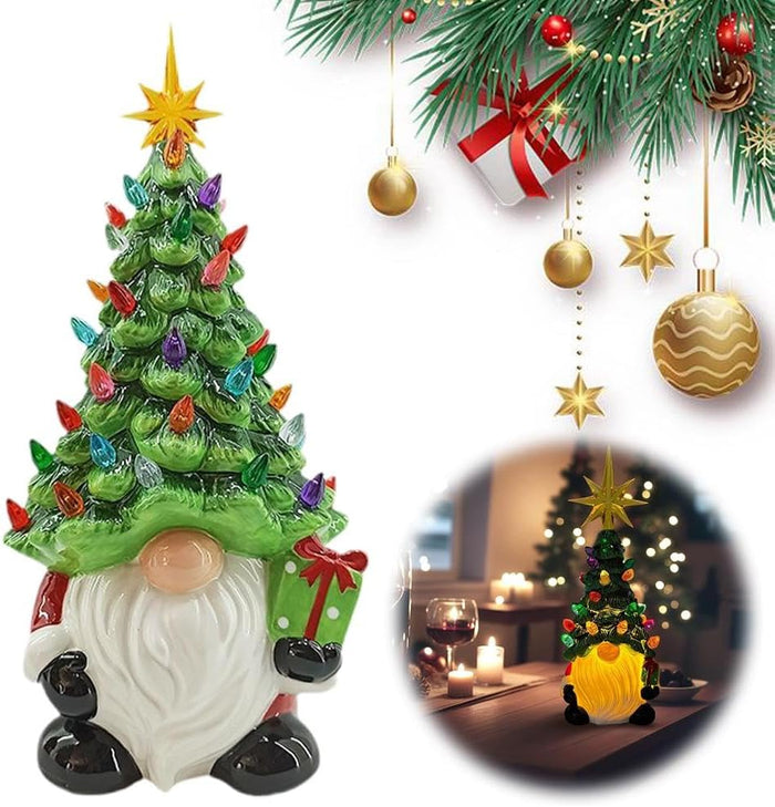 Lighted Christmas Gnomes Decorations, 8 Inch Faceless Old Man Ceramic Christmas Tree, Small Mini Prelit Xmas Holiday Decor for Tabletop Home Room Table Fireplace Office