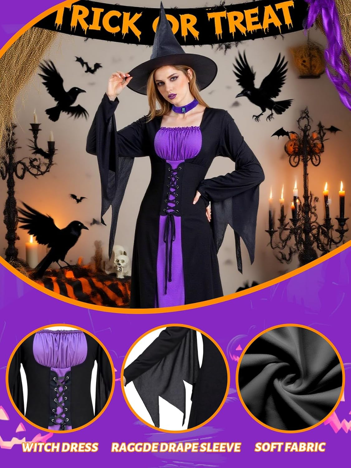 Witch Costume for Women,Adult Halloween Witch Outfit with Hat,Purple Gothic Long Sorceress Classic Dress