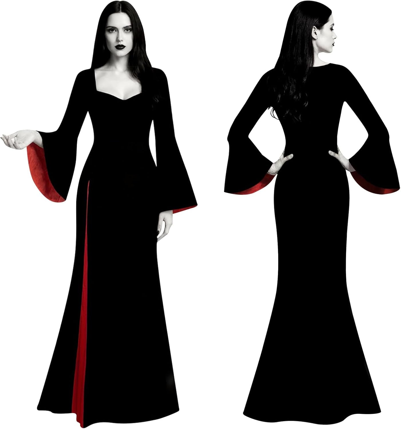 Morticia Addams Costume Women, Black Gothic Maxi Gown, Long Sleeve Black Dress for Halloween Vampire Witch Cosplay Outfit