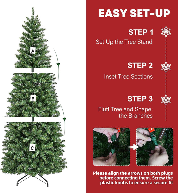6Ft Prelit Pencil Slim Christmas Tree with 200 Color Changing LED Lights, 544 Branch Tips, Metal Stand and Hinged Branches, 10 Color Modes
