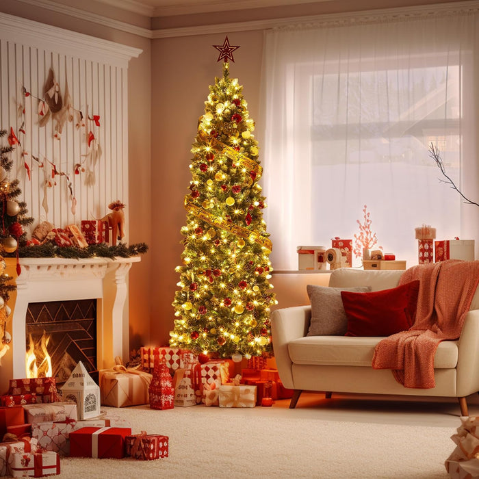 Pencil Christmas Tree,6Ft Artificial Pre-Lit Christmas Tree, Xmas Tree with Metal Stand, Artificial Tree for Home Party Office Holiday Decoration