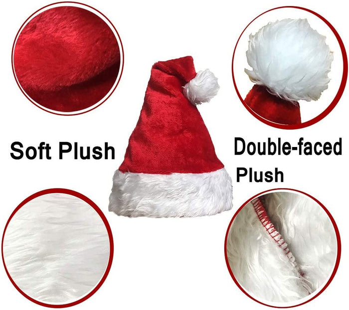 4 Pack Plush Santa Hats, Christmas Santa Hats for Christmas Party, Adult Size Xmas Holiday Hat for Unisex Kids Party Supplies
