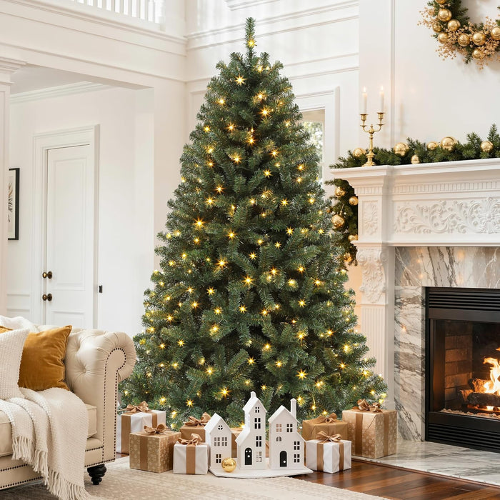 6Ft Pre-Lit Artificial Christmas Tree, Spruce Prelit Christmas Trees for Home, Office, Party with 1000 Thickened Branch Tips & 250 UL Listed Lights Green, Automatic Branches with Remote Control