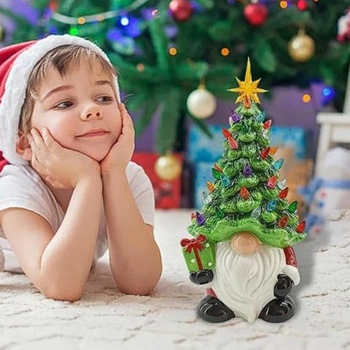 Lighted Christmas Gnomes Decorations, 8 Inch Faceless Old Man Ceramic Christmas Tree, Small Mini Prelit Xmas Holiday Decor for Tabletop Home Room Table Fireplace Office