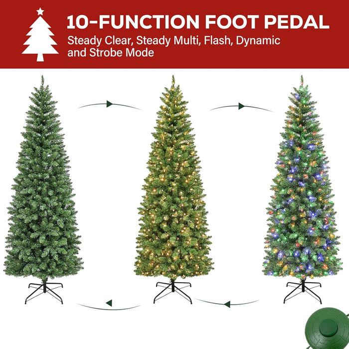 6Ft Prelit Pencil Slim Christmas Tree with 200 Color Changing LED Lights, 544 Branch Tips, Metal Stand and Hinged Branches, 10 Color Modes