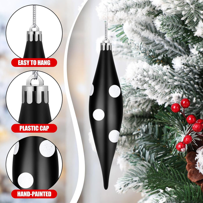 12 Pcs Black and White Christmas Ornaments 6.3 Inch Droplet Stripe Dot Hanging Christmas Ornaments for Xmas Tree Decor for Home and Holiday Party Xmas Trees Accessories