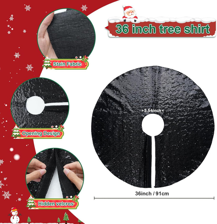 Black Christmas Tree Skirt, 36 Inch Sparkle Sequin Mat for 6Ft Tree Halloween Xmas Party Decor