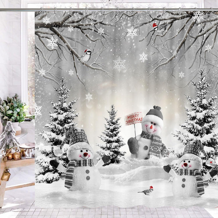 Farmhouse Winter Christmas Shower Curtain, Cute Snowman Snow Forest Pine Tree Scene Shower Curtain for Bathroom Rustic Xmas Snowflake Holiday Gray Bathroom Accessories Polyester 72"X72" with Hooks