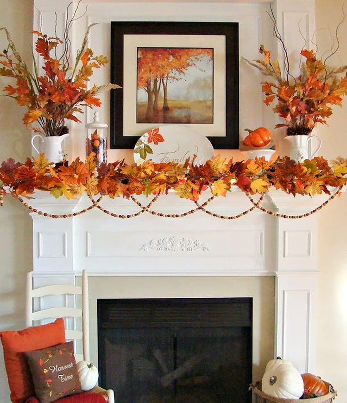 2 Pack Fall Maple Leaf Hanging Vine Garland Artificial Autumn Foliage Thanksgiving Decor for Home Wedding Fireplace Party Christmas (Light Yellow)