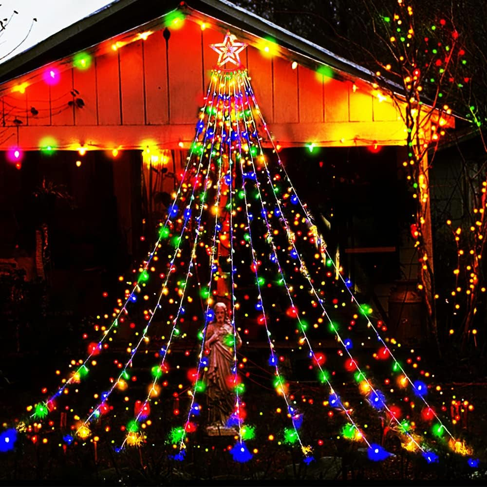 Outdoor Christmas Decorations: 12.6Ft 350LED Waterfall Lights 8 Modes Christmas Lights, Xmas Tree House Yard Porch Patio Garden Decor, Multicolor