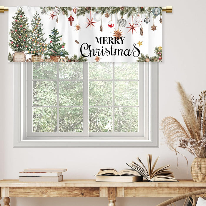 Holly Ornament Merry Christmasvalances for Kitchen Windows Xmas Green Tree Balls Cafe Valance Winter Short Treatment Drapes for Bathroom Laundry Basement Living Room Kitchen 52X18 Inch