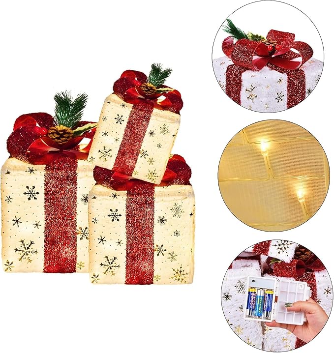 3-Pack Christmas Lighted Gift Boxes – Snowflake & Blue Bows