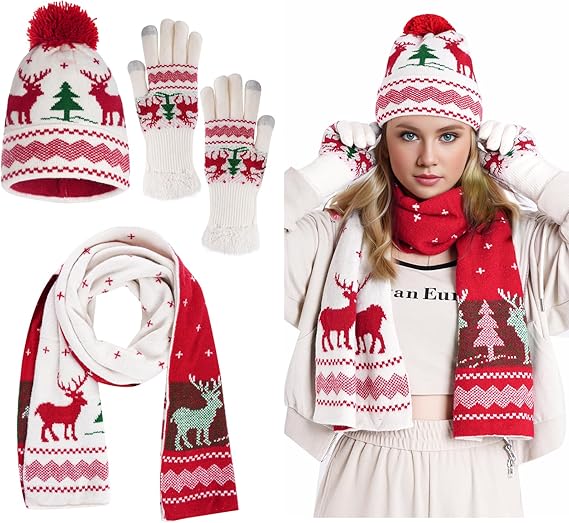 Knitted Hat Scarf Glove Set for Women, Pom Pom Beanie Warm Gloves Winter Scarf Winter Set for Christmas Cold Weather