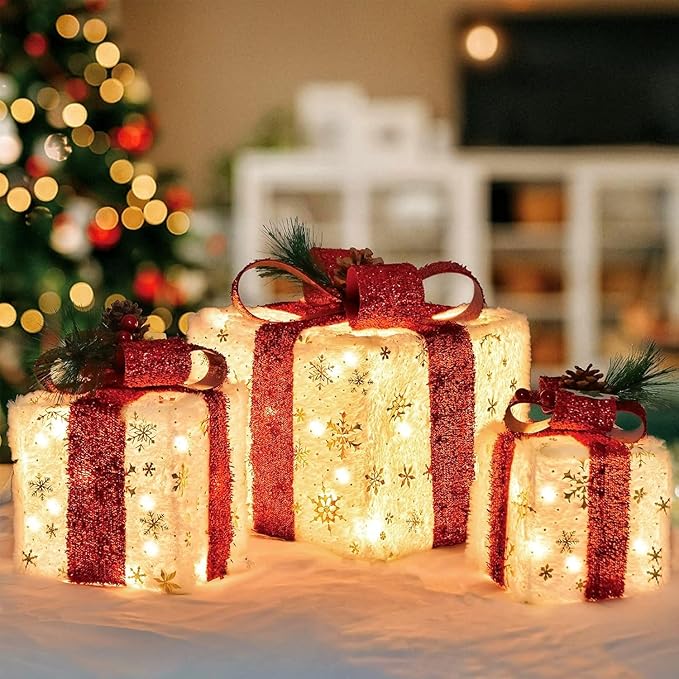 3-Pack Christmas Lighted Gift Boxes – Snowflake & Blue Bows