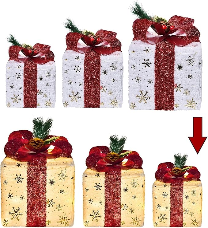 3-Pack Christmas Lighted Gift Boxes – Snowflake & Blue Bows