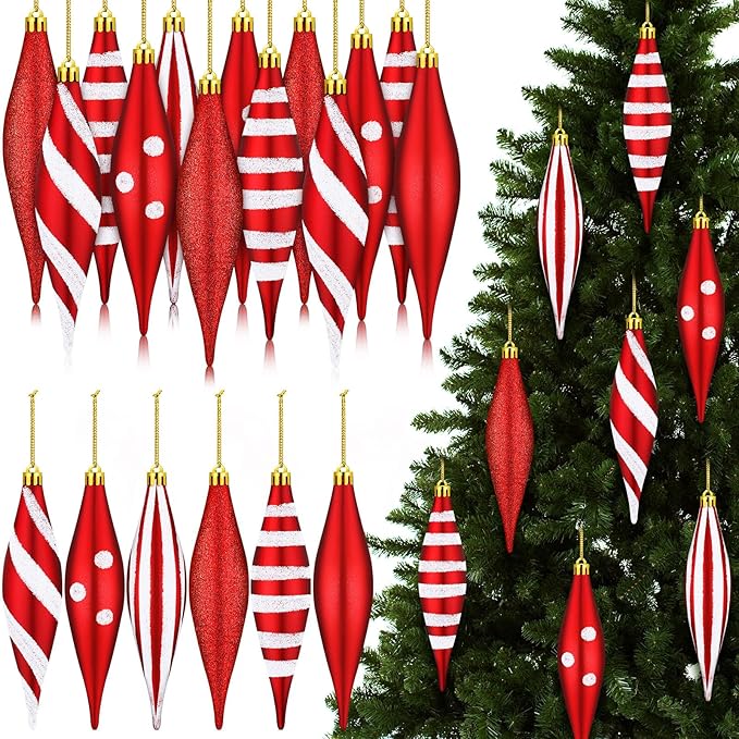 12 Pcs Black and White Christmas Ornaments 6.3 Inch Droplet Stripe Dot Hanging Christmas Ornaments for Xmas Tree Decor for Home and Holiday Party Xmas Trees Accessories