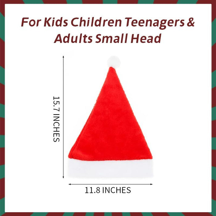 12 Pack Plush Santa Christmas Hats for Kids Children Teenagers & Adults Small Head, Red Plush Xmas Hats with White Cuffs for Christmas Holiday
