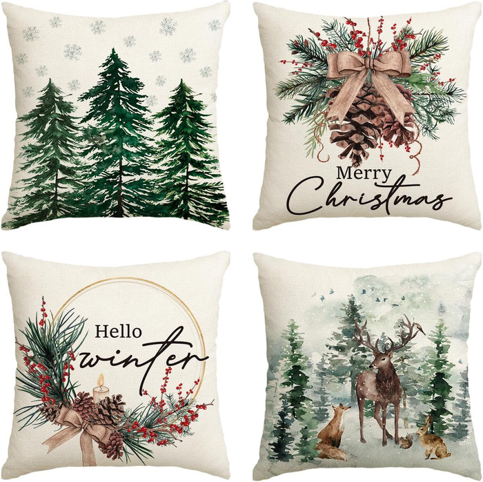 Merry Christmas Trees Reindeer Snowflake Throw Pillow Covers, 18 X 18 Inch Xmas Red Berries Hello Winter Holiday Cushion Case Decoration for Sofa Couch Set of 4