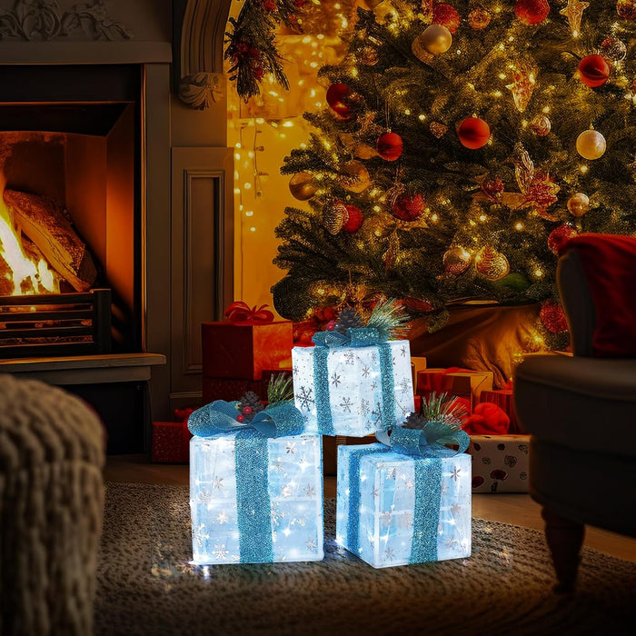 Set of 3 Christmas Lighted Gift Boxes, Pre-Lit 60LED Light up Present Boxes Ornament, Boxes with Snowflake and Blue Bows, Battery Operated Christmas Decorations for Indoor Home, Party, Lawn Decor