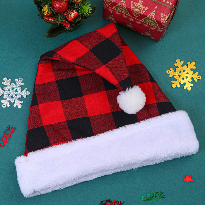 6 Pack Christmas Santa Hat - Red and Black Buffalo Plaid Luxury Plush Hat for Christmas Gifts, Costume Accessories, Holiday Party Decorations