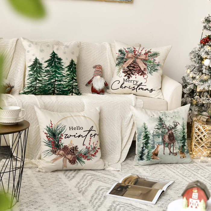 Merry Christmas Trees Reindeer Snowflake Throw Pillow Covers, 18 X 18 Inch Xmas Red Berries Hello Winter Holiday Cushion Case Decoration for Sofa Couch Set of 4