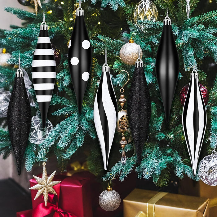 12 Pcs Black and White Christmas Ornaments 6.3 Inch Droplet Stripe Dot Hanging Christmas Ornaments for Xmas Tree Decor for Home and Holiday Party Xmas Trees Accessories