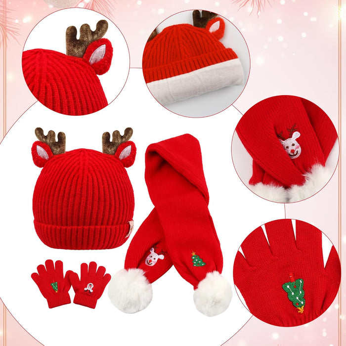 Christmas Beanie Hat Scarf Gloves Set for Kids, Winter Warm Set Xmas Tree Reindeer Hat Scarf Gloves for Toddler Boys Girls 1-8 Year