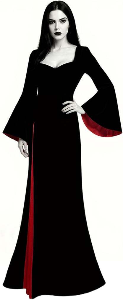 Morticia Addams Costume Women, Black Gothic Maxi Gown, Long Sleeve Black Dress for Halloween Vampire Witch Cosplay Outfit