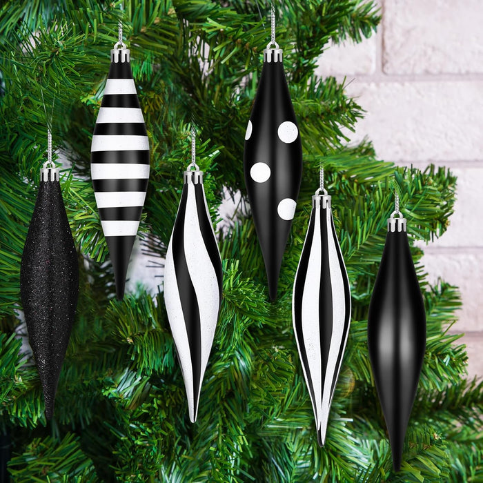 12 Pcs Black and White Christmas Ornaments 6.3 Inch Droplet Stripe Dot Hanging Christmas Ornaments for Xmas Tree Decor for Home and Holiday Party Xmas Trees Accessories