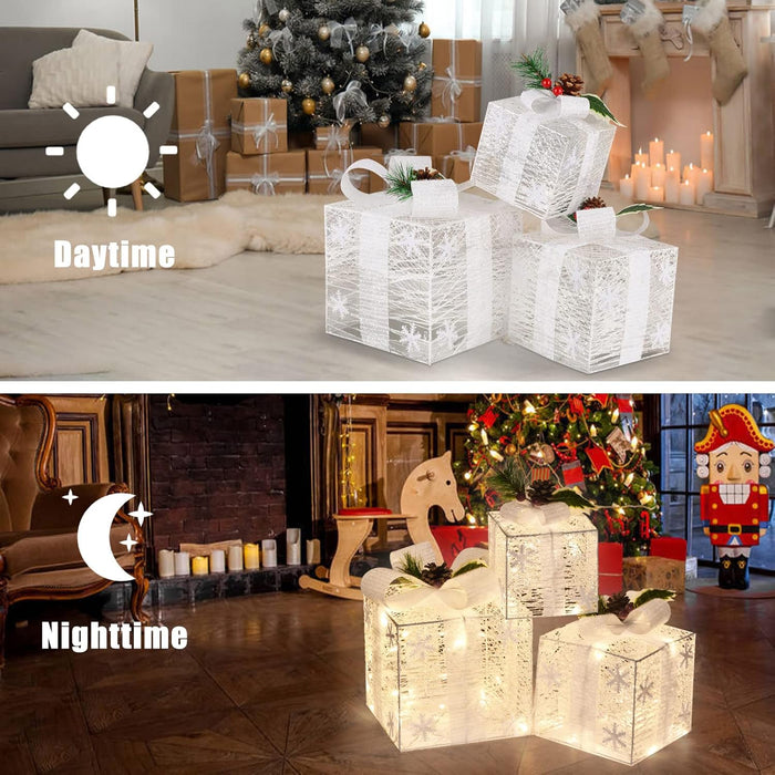 Lighted Gift Boxes, Set of 3 Christmas Decorations, Light up Ornaments, Warm White LED with Bows for Indoor Party Holiday, Snow Decor
