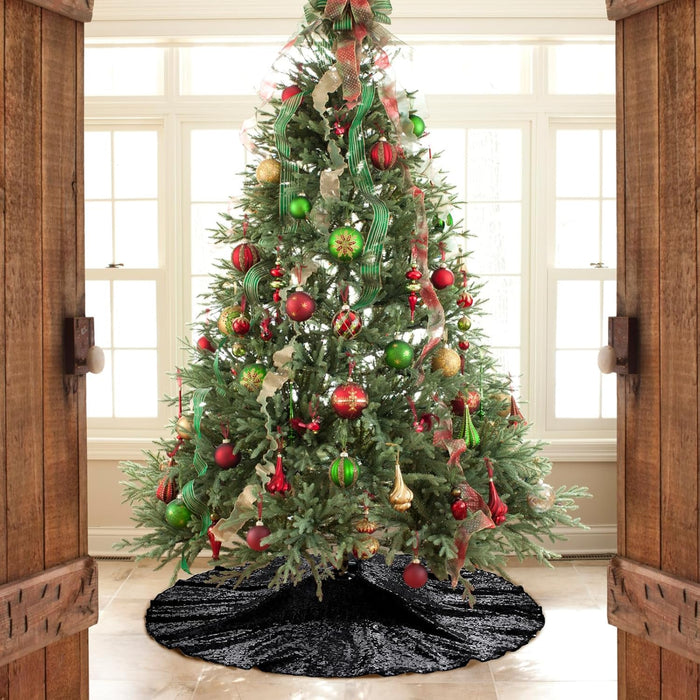Black Christmas Tree Skirt, 36 Inch Sparkle Sequin Mat for 6Ft Tree Halloween Xmas Party Decor