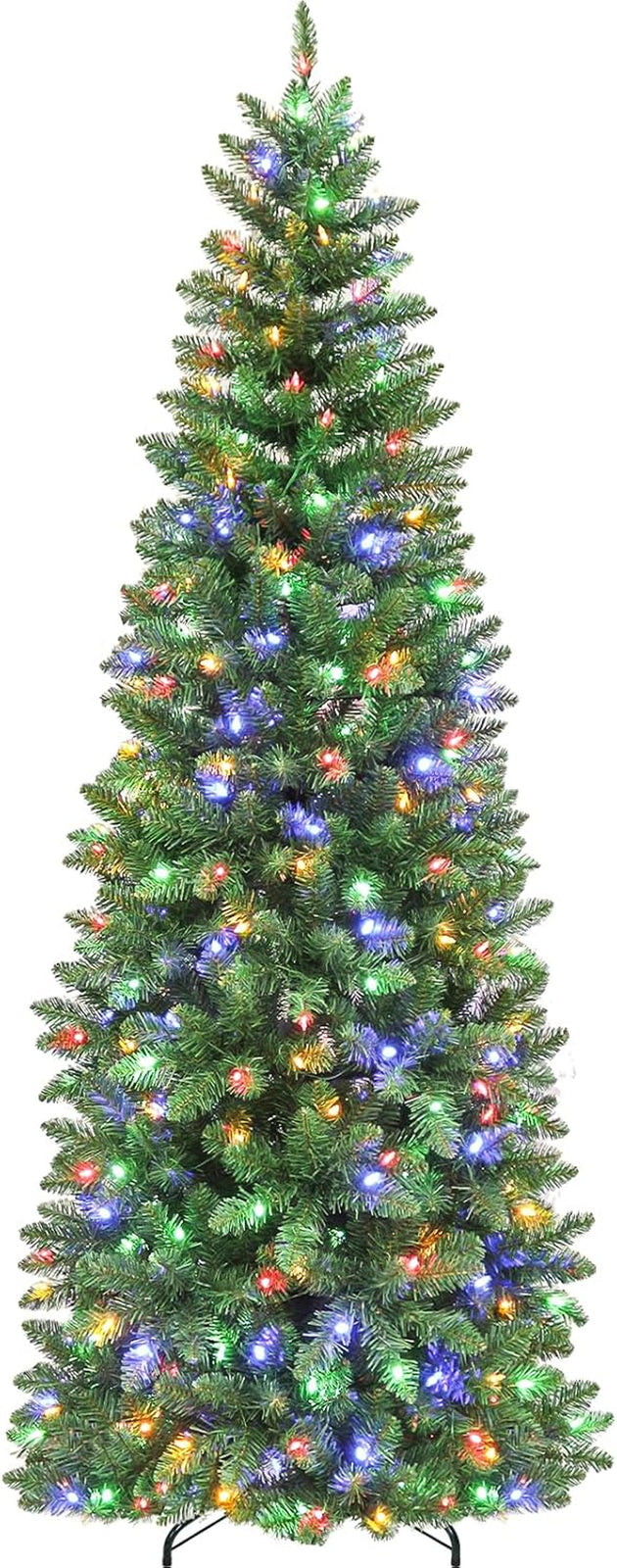 6Ft Prelit Pencil Slim Christmas Tree with 200 Color Changing LED Lights, 544 Branch Tips, Metal Stand and Hinged Branches, 10 Color Modes