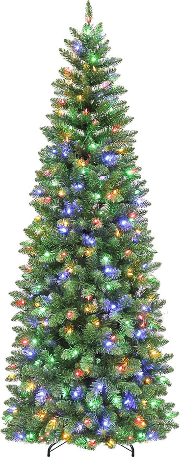 6Ft Prelit Pencil Slim Christmas Tree with 200 Color Changing LED Lights, 544 Branch Tips, Metal Stand and Hinged Branches, 10 Color Modes