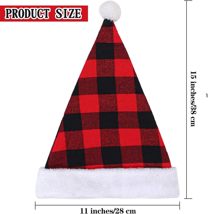 6 Pack Christmas Santa Hat - Red and Black Buffalo Plaid Luxury Plush Hat for Christmas Gifts, Costume Accessories, Holiday Party Decorations