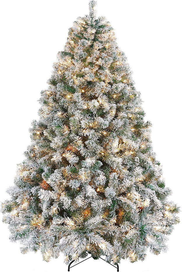 6Ft Pre-Lit Artificial Christmas Tree with Incandescent Warm White Lights, Snow Flocked Full Prelighted Xmas Tree W/820 Branch Tips, 250 Incandescent Lights & Foldable Stand, Green & White