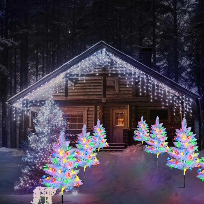 2 Pack White Christmas Tree Outdoor,Solar Powered Christmas Trees with 60 LED C6 Christmas Lights,Pre-Lit Small Artificial Xmas Tree for Yard Porch Walkway Pathway Grave Cemetery Christmas Decorations