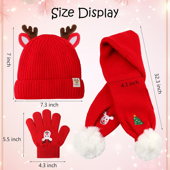 Christmas Beanie Hat Scarf Gloves Set for Kids, Winter Warm Set Xmas Tree Reindeer Hat Scarf Gloves for Toddler Boys Girls 1-8 Year