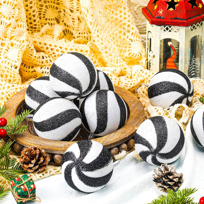 12 Pieces 3.15 Inches Christmas Balls Ornaments Glitter Christmas Tree Decorations Plastic Painted Xmas Baubles Decorations for Xmas Swirl Hanging Ornaments Decor(White and Black)