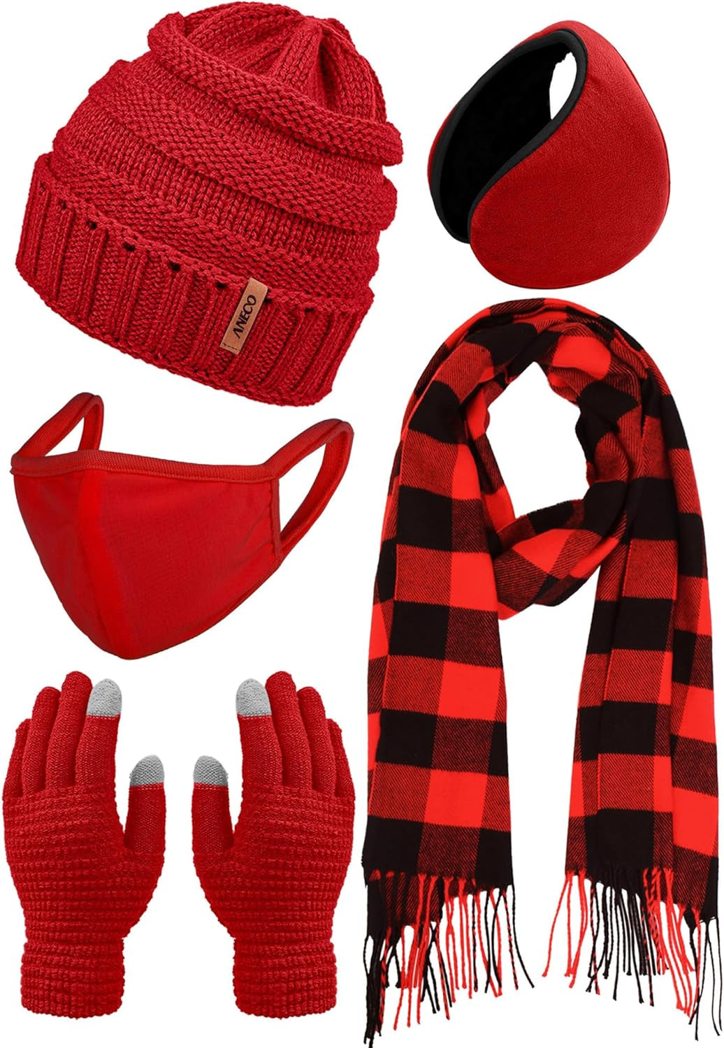 Winter Warm Sets Buffalo Plaid Scarf Knitted Beanie Hat Gloves Earloop Warm Cover for Men and Women