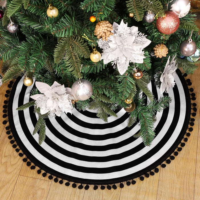 Christmas Black and White Tree Skirt, 30 Inch Annual Rings Tree Mat with Pom Poms for Xmas Tree Halloween Indoor Home Holiday Party Christmas Decorations