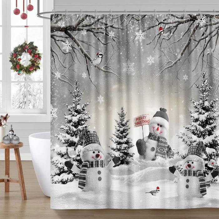 Farmhouse Winter Christmas Shower Curtain, Cute Snowman Snow Forest Pine Tree Scene Shower Curtain for Bathroom Rustic Xmas Snowflake Holiday Gray Bathroom Accessories Polyester 72"X72" with Hooks
