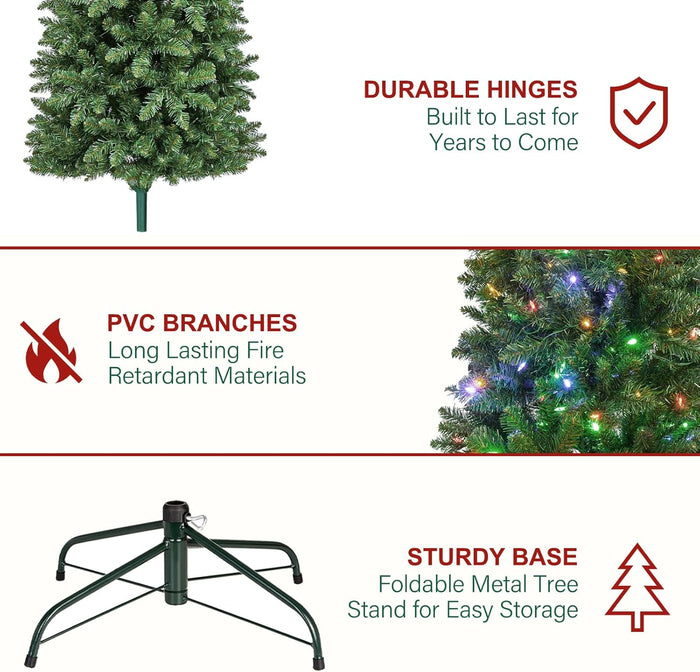 6Ft Prelit Pencil Slim Christmas Tree with 200 Color Changing LED Lights, 544 Branch Tips, Metal Stand and Hinged Branches, 10 Color Modes