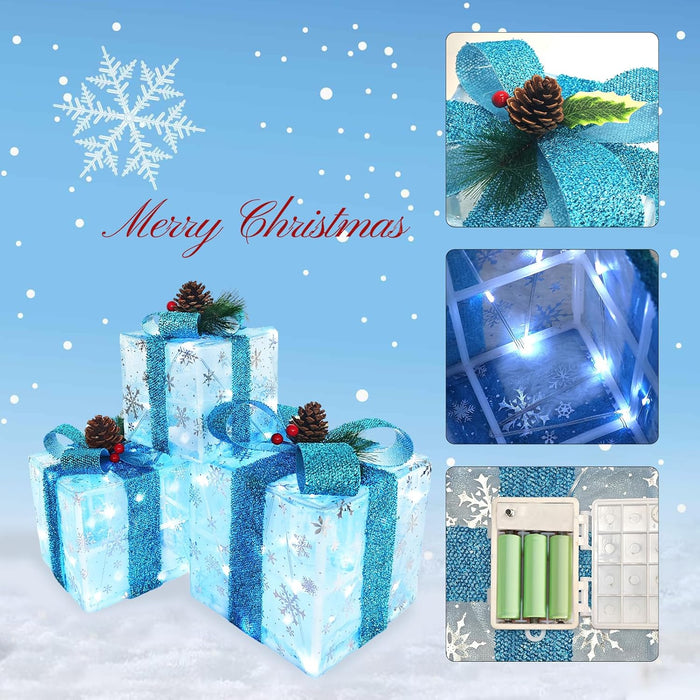Set of 3 Christmas Lighted Gift Boxes, Pre-Lit 60LED Light up Present Boxes Ornament, Boxes with Snowflake and Blue Bows, Battery Operated Christmas Decorations for Indoor Home, Party, Lawn Decor