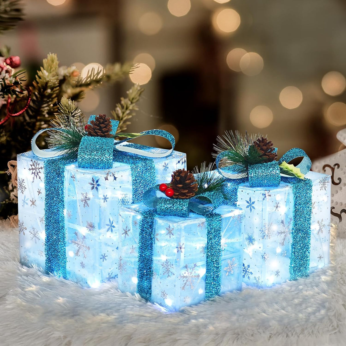 Set of 3 Christmas Lighted Gift Boxes, Pre-Lit 60LED Light up Present Boxes Ornament, Boxes with Snowflake and Blue Bows, Battery Operated Christmas Decorations for Indoor Home, Party, Lawn Decor