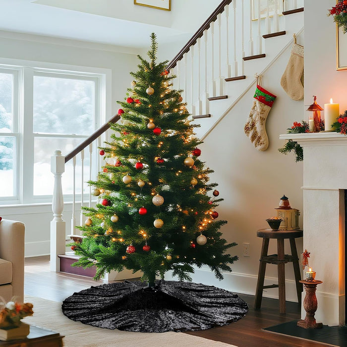Black Christmas Tree Skirt, 36 Inch Sparkle Sequin Mat for 6Ft Tree Halloween Xmas Party Decor