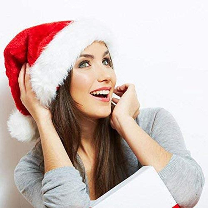 4 Pack Plush Santa Hats, Christmas Santa Hats for Christmas Party, Adult Size Xmas Holiday Hat for Unisex Kids Party Supplies